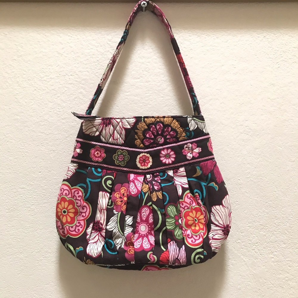 Retired VERA BRADLEY Brown Mod Floral Pink Bucket Handbag Purse Tote Bag